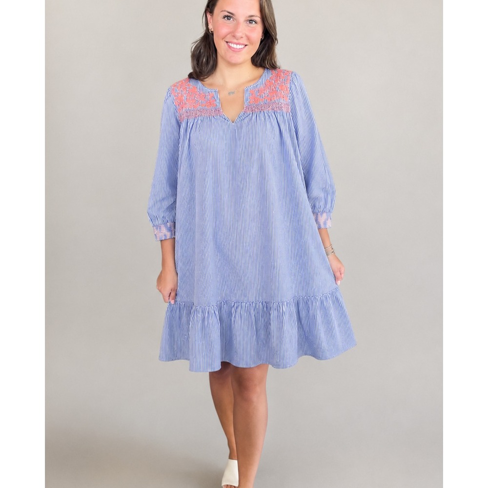 J. Crew Stripe Tunic Dress Sz S Blue Stripe Embroidered Cotton Poplin Preppy